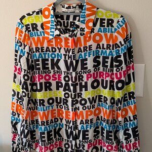 Alice + Olivia Willa Silk Blouse Feminism Empowerment Print White Black Size M